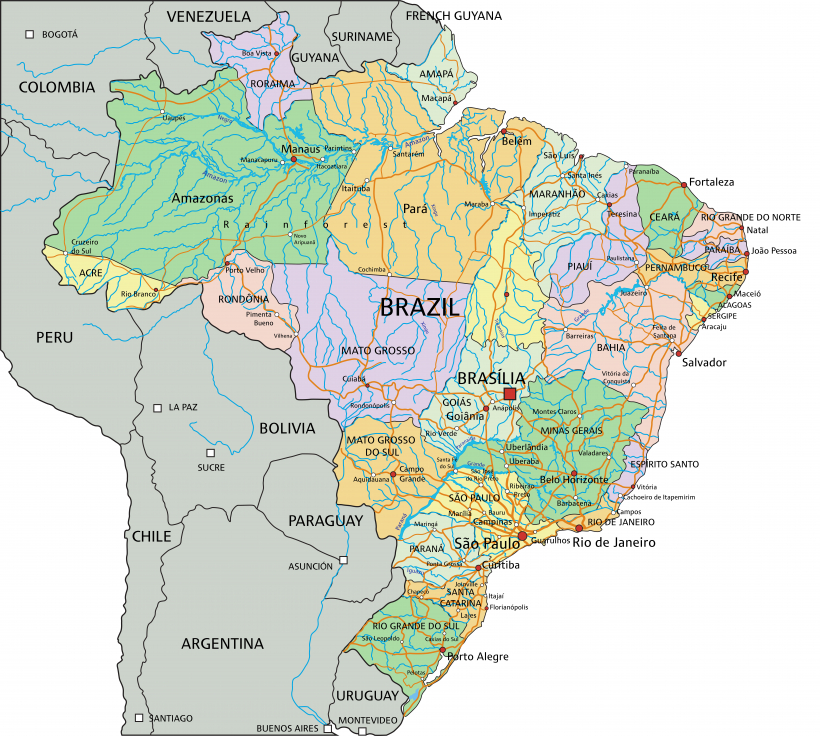 Mapa político do Brasil com estados e rios